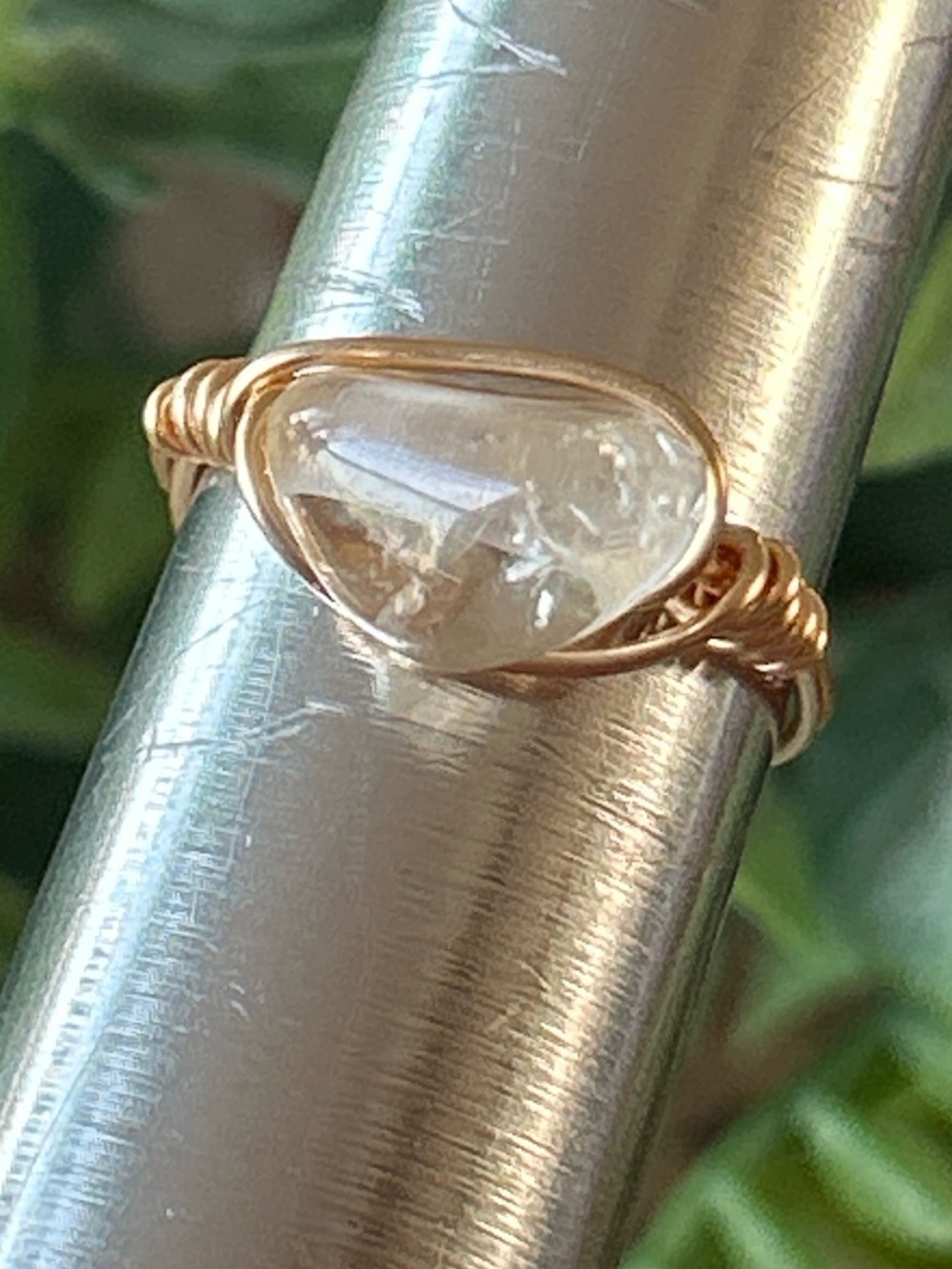 Handmade gold tone citrine wire wrapped crystal ring - size 7
